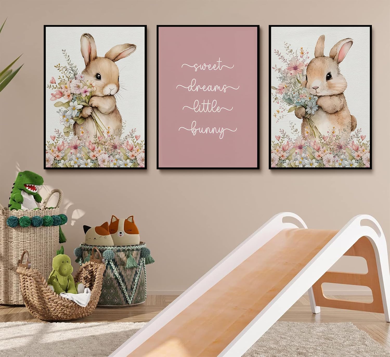 3Pcs Cute bunny Canvas Wall Art Colorful wildflower Posters Prints Botanical Floral Rabbit Nursery Wall Decor Pictures Pink Inspirational Animal Paintings for Baby Girl Room Home Decoration Unframed