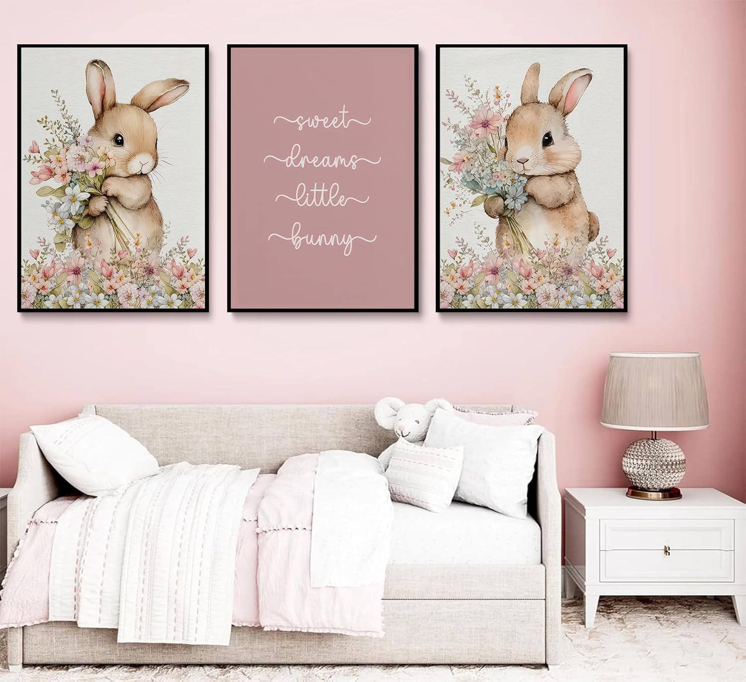 3Pcs Cute bunny Canvas Wall Art Colorful wildflower Posters Prints Botanical Floral Rabbit Nursery Wall Decor Pictures Pink Inspirational Animal Paintings for Baby Girl Room Home Decoration Unframed