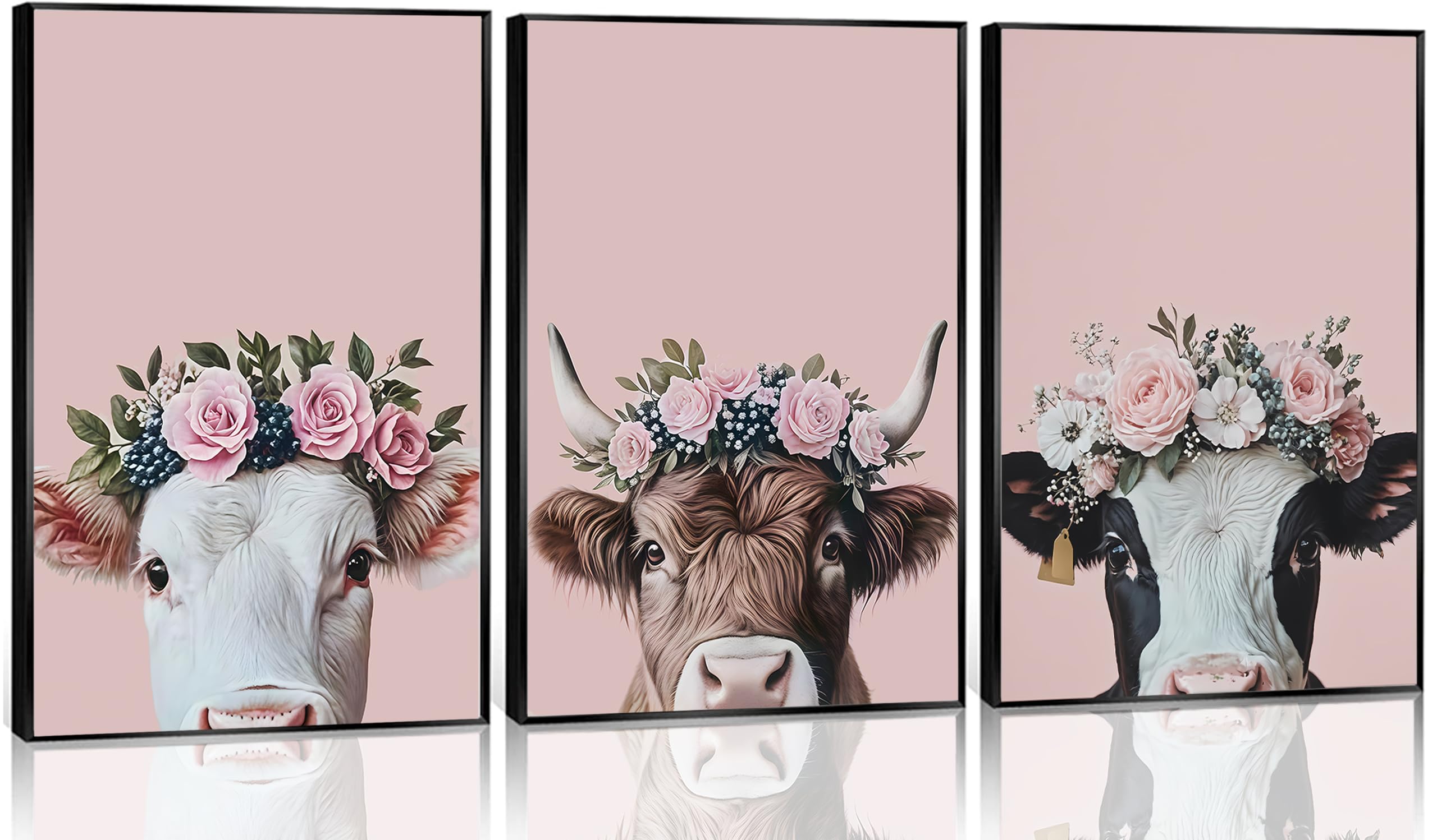 3Pcs Cute bunny Canvas Wall Art Colorful wildflower Posters Prints Botanical Floral Rabbit Nursery Wall Decor Pictures Pink Inspirational Animal Paintings for Baby Girl Room Home Decoration Unframed