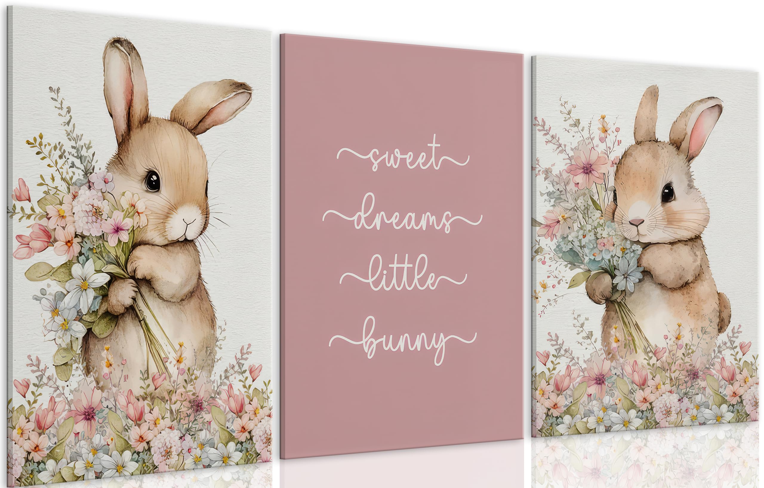 3Pcs Cute bunny Canvas Wall Art Colorful wildflower Posters Prints Botanical Floral Rabbit Nursery Wall Decor Pictures Pink Inspirational Animal Paintings for Baby Girl Room Home Decoration Unframed