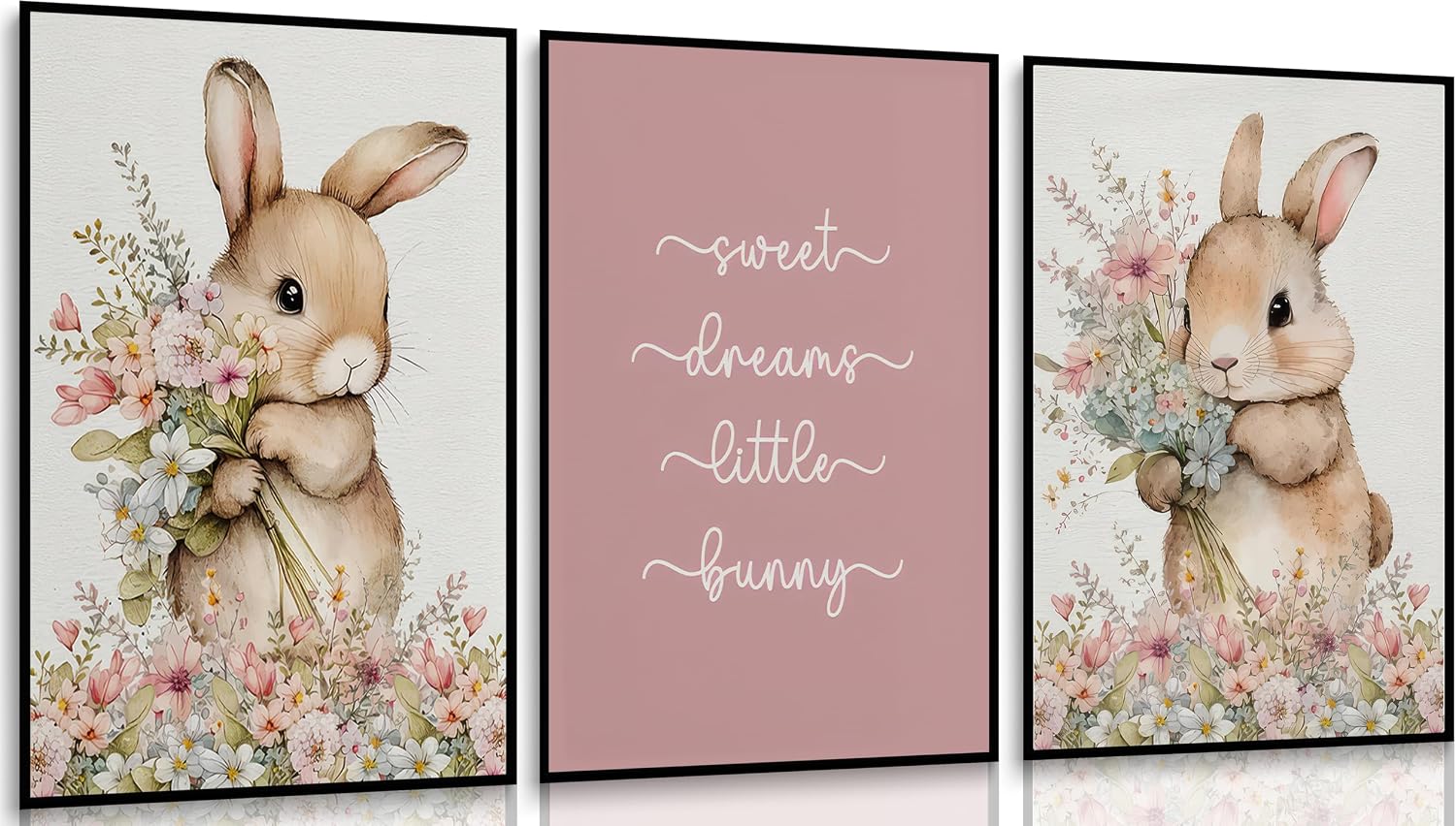 3Pcs Cute bunny Canvas Wall Art Colorful wildflower Posters Prints Botanical Floral Rabbit Nursery Wall Decor Pictures Pink Inspirational Animal Paintings for Baby Girl Room Home Decoration Unframed