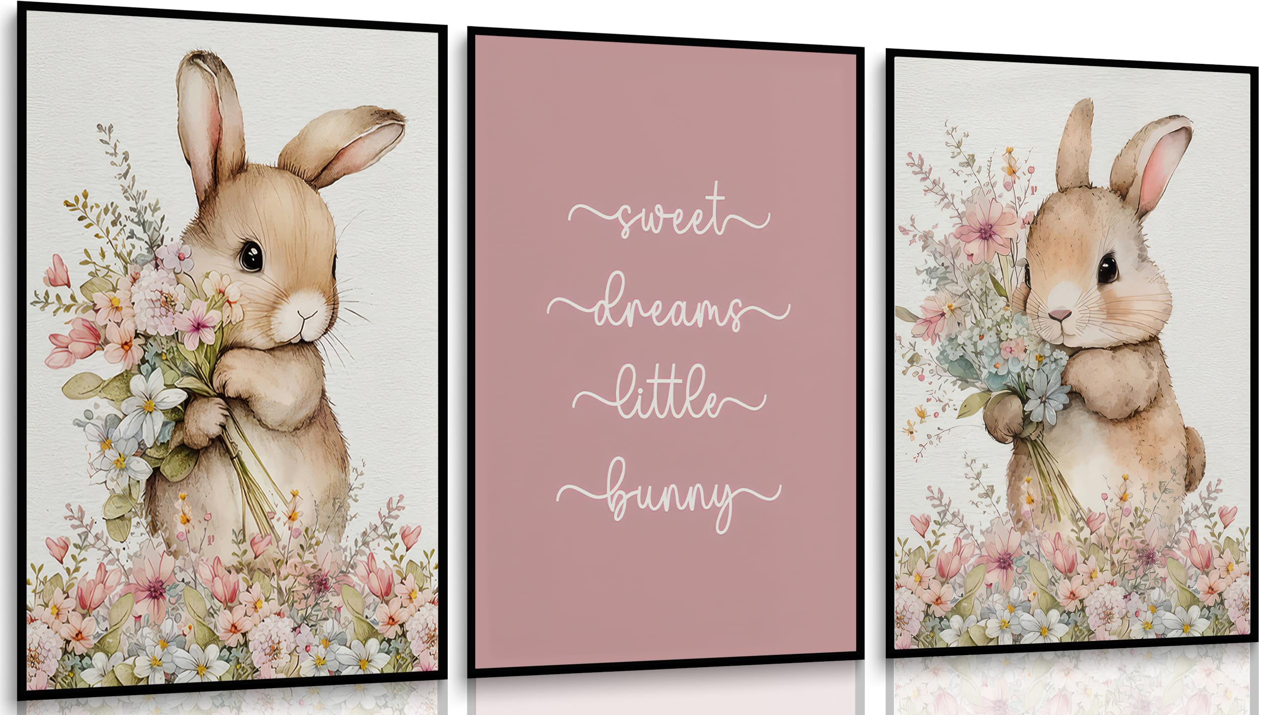 3Pcs Cute bunny Canvas Wall Art Colorful wildflower Posters Prints Botanical Floral Rabbit Nursery Wall Decor Pictures Pink Inspirational Animal Paintings for Baby Girl Room Home Decoration Unframed