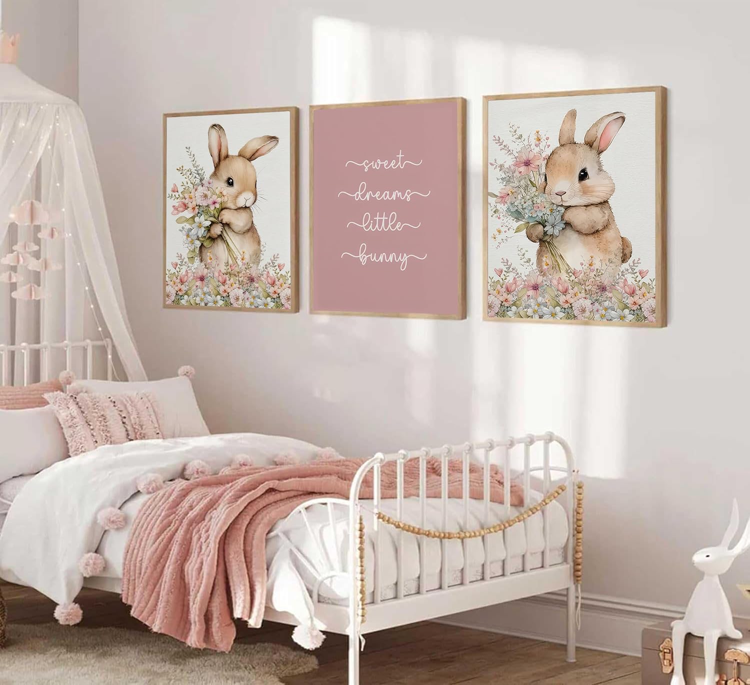 3Pcs Cute bunny Canvas Wall Art Colorful wildflower Posters Prints Botanical Floral Rabbit Nursery Wall Decor Pictures Pink Inspirational Animal Paintings for Baby Girl Room Home Decoration Unframed