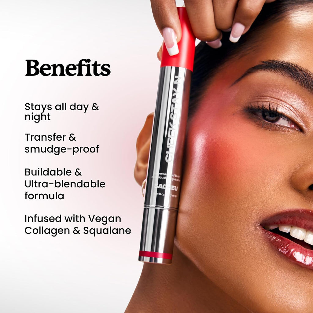 Sacheu Cheek STAY-N Liquid Blush for Cheeks — High Pigment, Buildable, Lightweight Cream Blush for Dewy & Radiant Flushed Cheeks — Long-lasting & Cruelty Free (I'm Cute)
