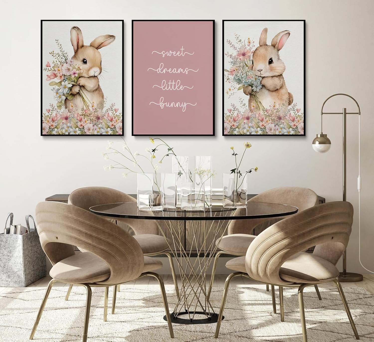 3Pcs Cute bunny Canvas Wall Art Colorful wildflower Posters Prints Botanical Floral Rabbit Nursery Wall Decor Pictures Pink Inspirational Animal Paintings for Baby Girl Room Home Decoration Unframed